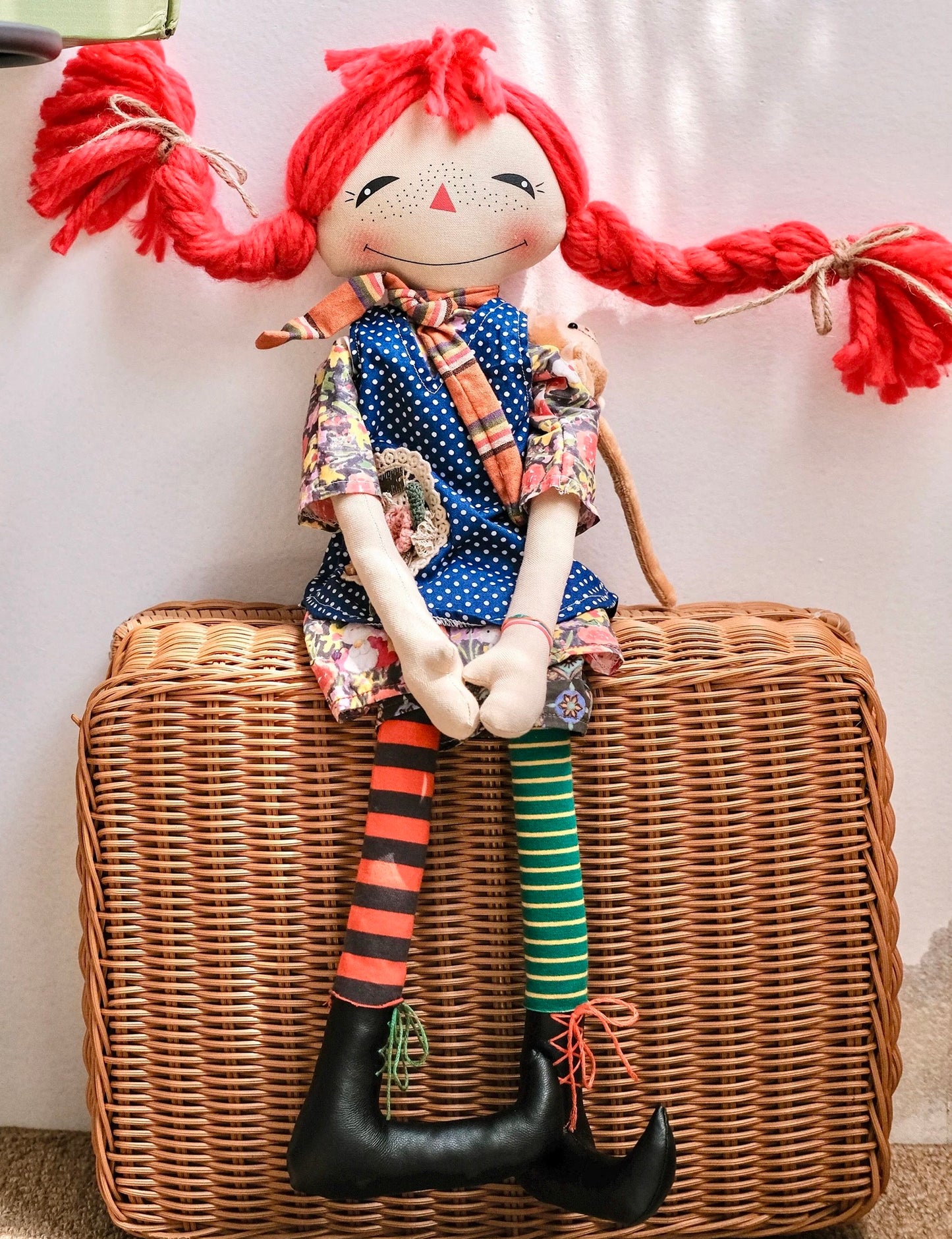 Handmade Rag Girl Doll with Monkey on Shoulder