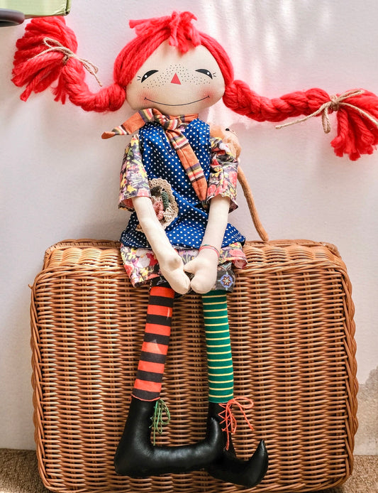 Handmade Rag Girl Doll with Monkey on Shoulder