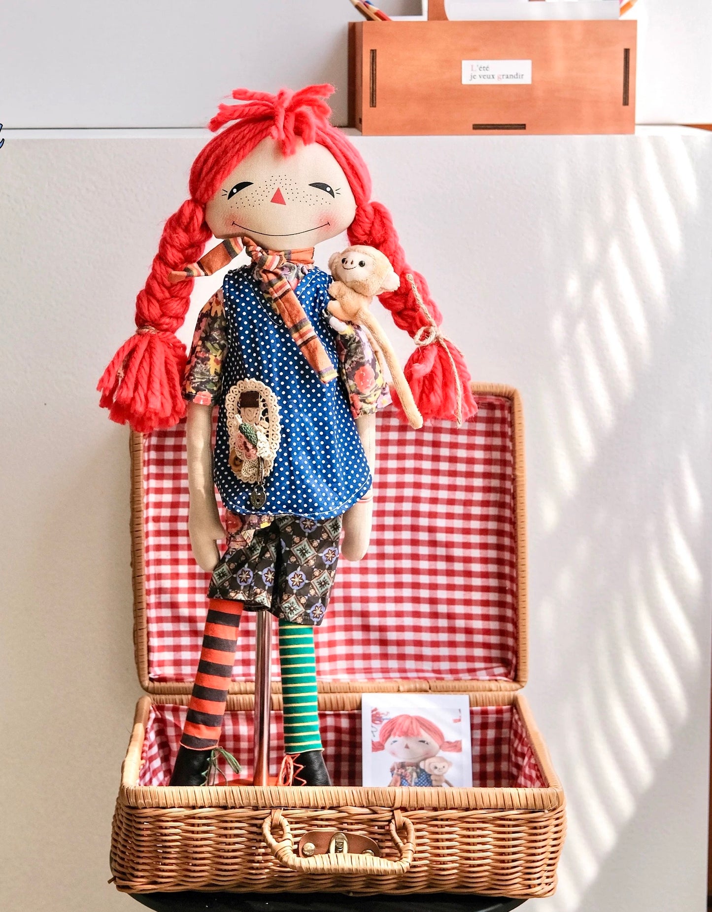 Handmade Rag Girl Doll with Monkey on Shoulder
