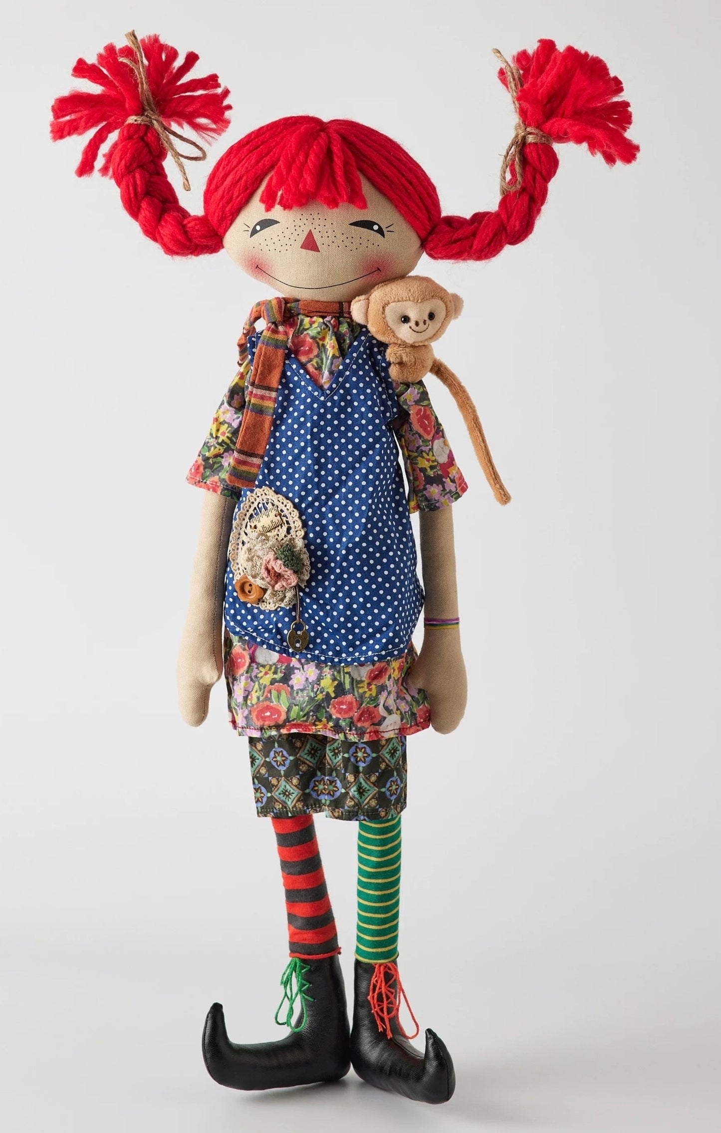 Handmade Rag Girl Doll with Monkey on Shoulder