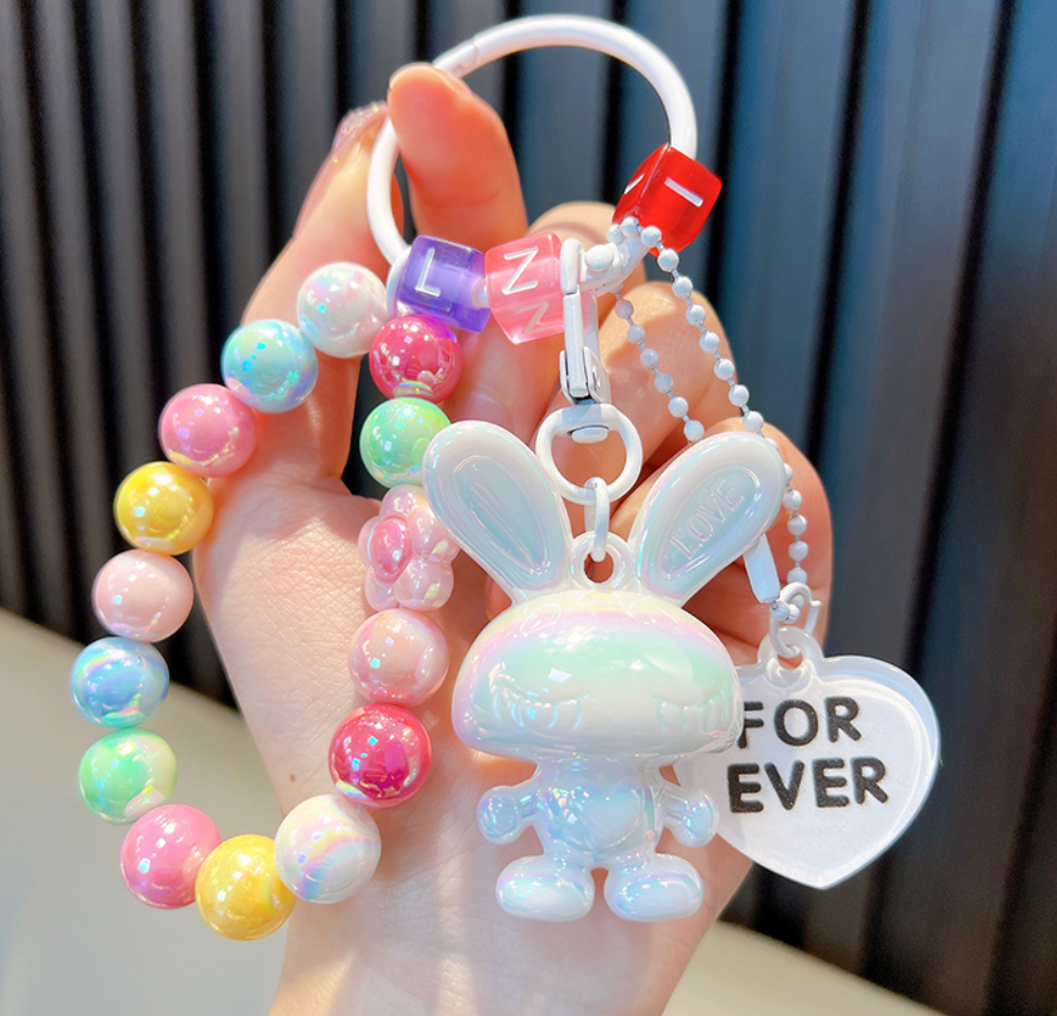 🐰 Iridescent Bunny Beaded Keychain